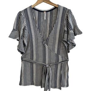 Free People “Wrapped Around My Finger” Striped Wrap Top Flutter Sleeves Size L